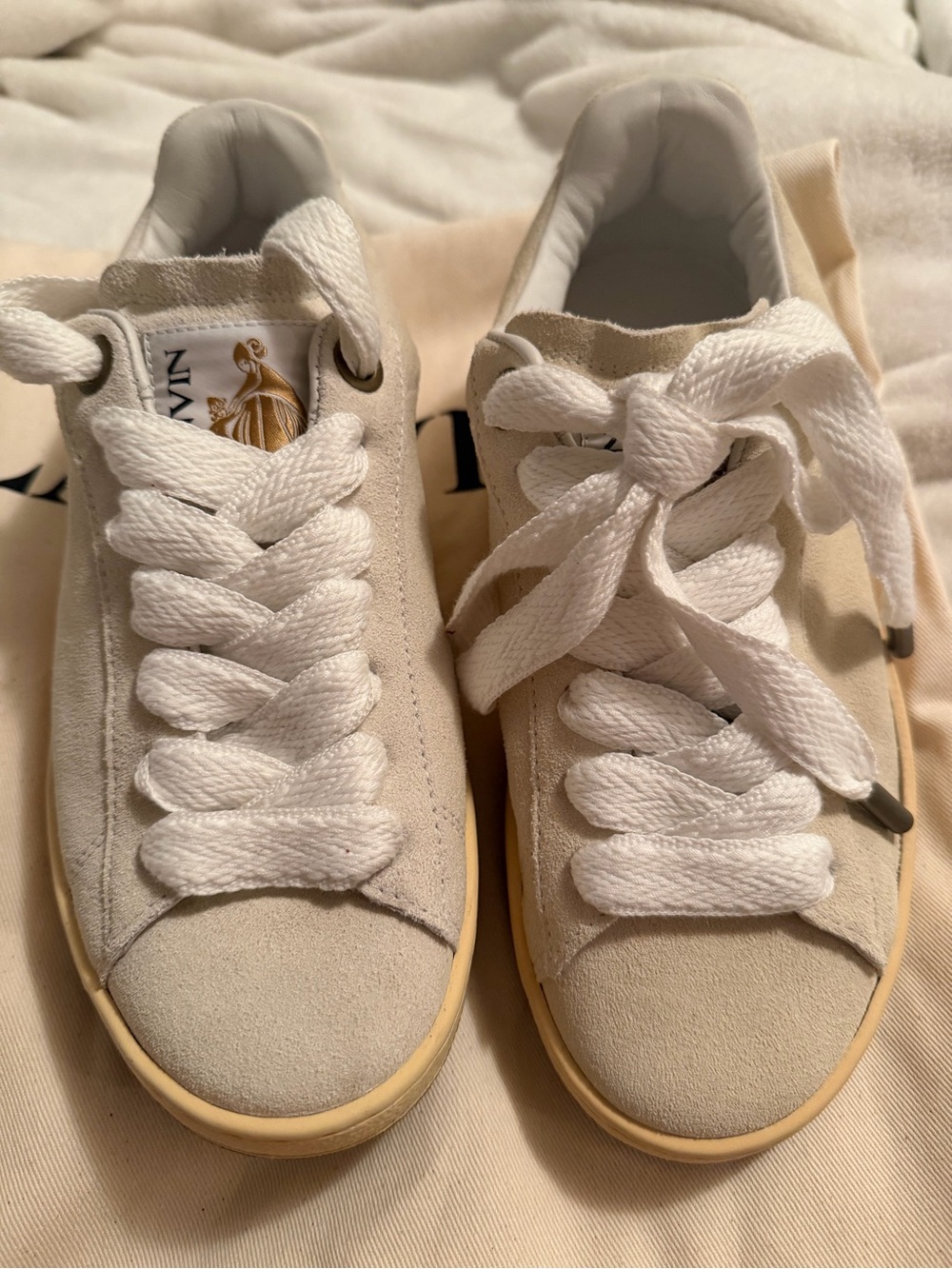 Lanvin Cream Suede Low-Top Sneakers with White Laces